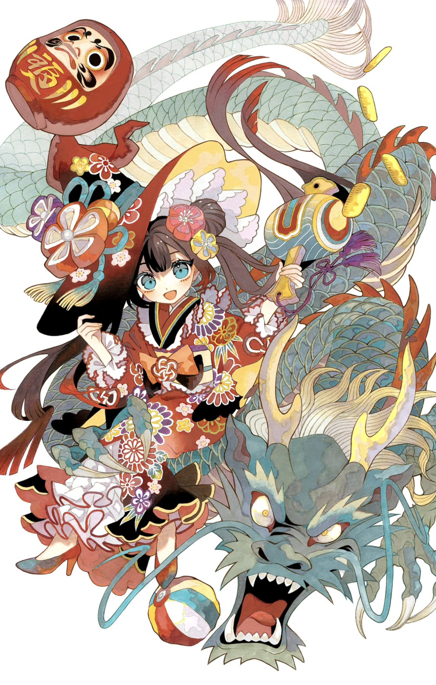 1girl blue_eyes brown_hair character_request chinese_zodiac copyright_request daruma_doll double_bun dragon full_body gold hair_bun hat high_heels highres japanese_clothes karin_(salmonosushi) kimono koban_(gold) new_year obi open_mouth sash simple_background solo white_background witch_hat year_of_the_dragon yukata