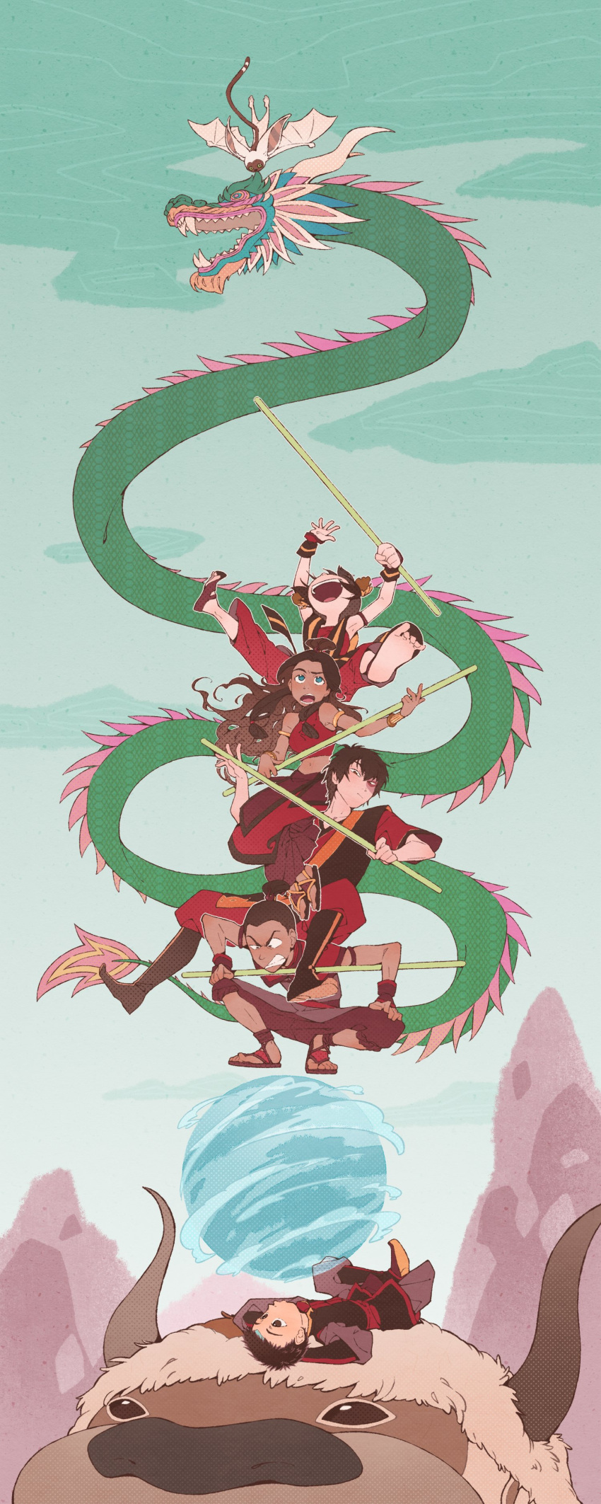 2girls 3boys aang absurdres appa avatar:_the_last_airbender avatar_legends black_hair bo_staff brown_hair burn_scar clenched_teeth dark-skinned_female dark-skinned_male dark_skin dragon eastern_dragon element_bending highres horns katara kinako_(moment) lemur midair momo_(avatar) mountain multiple_boys multiple_girls sandals scar sokka staff teeth toph_bei_fong wind zuko