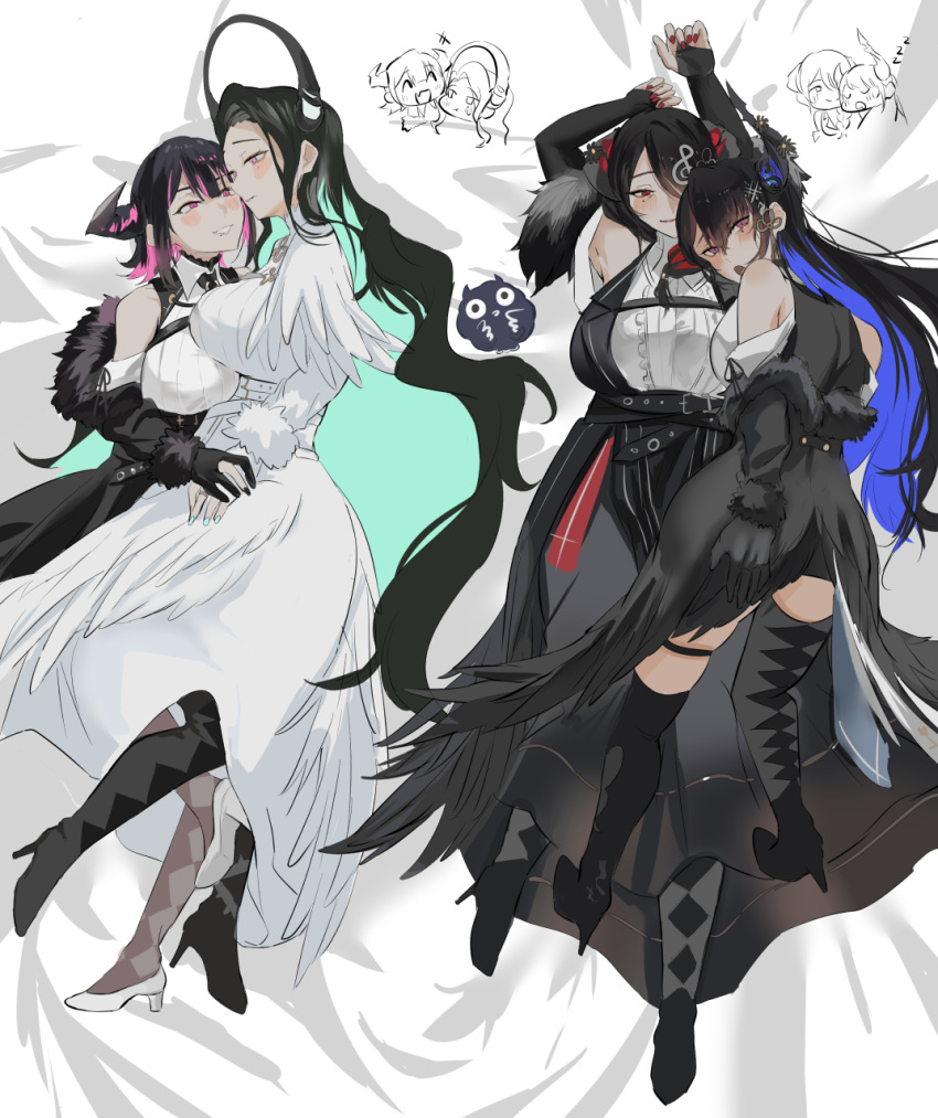 4girls aradia_ravencroft asymmetrical_horns bed_sheet black_hair blue_hair blush breasts colored_inner_hair dakimakura_(medium) demon_horns highres hololive hololive_english horns large_breasts long_hair lying malpha_ravencroft mamarissa mole mole_under_eye mother_and_daughter multicolored_hair multiple_girls nerissa_ravencroft on_back pink_hair red_eyes red_hair set7 short_hair siblings sisters two-tone_hair uneven_horns