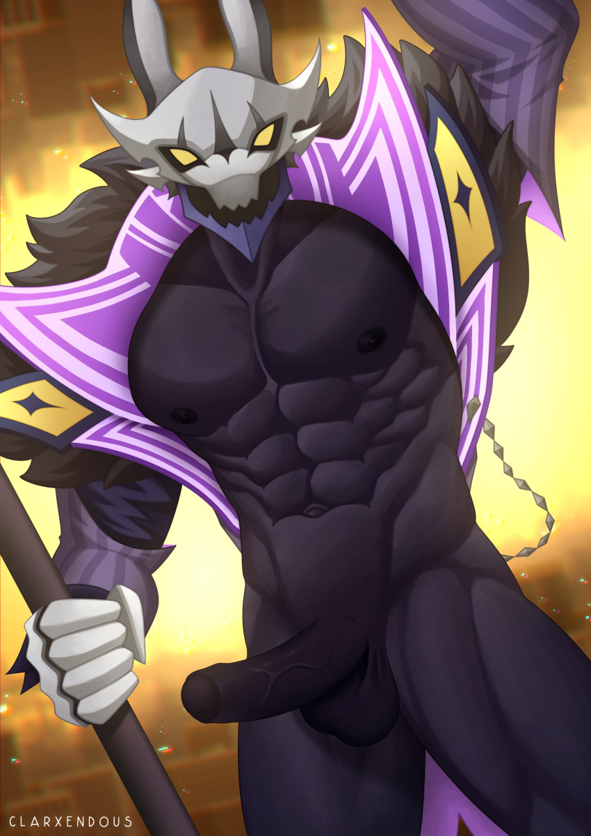 2023 5_fingers abs absurd_res anthro armor ascended balls black_balls black_body black_glans black_nipples black_penis black_skin bottomwear canid canine canis clarxender claw_fingers clothing detailed_background digital_drawing_(artwork) digital_media_(artwork) dream_raider_nasus empty_eyes erection fingers foreskin fur_collar genitals glans headgear helmet hi_res holding_object jackal jacket jockstrap league_of_legends looking_at_viewer male male/male mammal multicolored_clothing multicolored_helmet multicolored_jacket multicolored_jockstrap multicolored_topwear muscular muscular_anthro muscular_male muscular_thighs nasus_(lol) navel nipples open_mouth pants partially_retracted_foreskin pecs penis presenting raised_arm riot_games signature solo staff topwear underwear urethra vein veiny_penis white_clothing white_fingers white_jockstrap white_underwear yellow_eyes