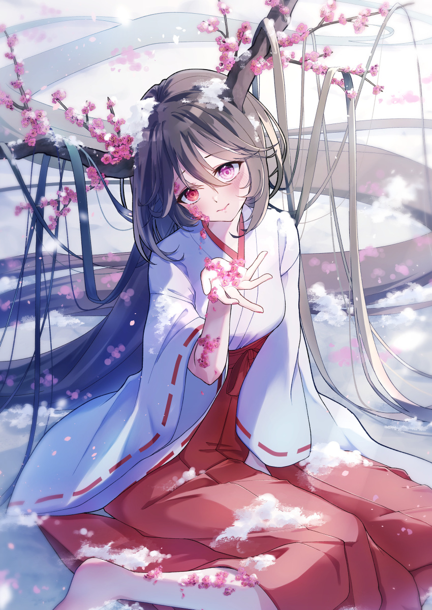 1girl absurdly_long_hair absurdres barefoot beckoning black_hair blurry blurry_foreground branch cherry_blossoms closed_mouth crying crying_object flower hair_between_eyes hair_on_horn hakama hakama_skirt head_tilt heterochromia highres holding horns japanese_clothes kimono kuonnekosuki long_hair long_sleeves looking_at_viewer miko open_hand original outdoors outstretched_arm outstretched_hand petals pleated_skirt purple_eyes reaching reaching_towards_viewer red_eyes red_hakama red_skirt sidelocks sitting skirt snow solo tree tree_horns very_long_hair white_kimono wide_sleeves