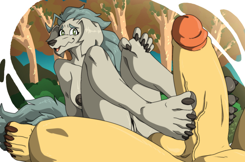anthro balls barefoot canid canine canis digital_drawing_(artwork) digital_media_(artwork) dog_knight_rpg domestic_dog duo erection feet female female/female foot_fetish foot_ninja15 foot_play footjob genitals hi_res jeane_(ceehaz) mammal orinette_(ceehaz) pawpads penis sex size_difference soles