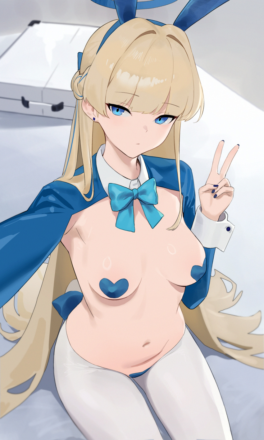 1girl absurdres animal_ears blonde_hair blue_archive blue_eyes blush bow bowtie braid breasts covered_nipples fake_animal_ears french_braid halo heart_maebari heart_pasties highres long_hair looking_at_viewer maebari medium_breasts meme_attire navel pantyhose pasties playboy_bunny rabbit_ears rabbit_tail revealing_clothes reverse_bunnysuit reverse_outfit shrug_(clothing) siu_hing5262 tail thighs toki_(blue_archive) toki_(bunny)_(blue_archive) white_pantyhose wrist_cuffs