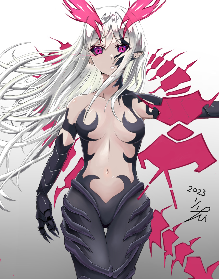 1girl aura black_sclera breasts brother_and_sister bug centipede cleavage colored_sclera corruption cowboy_shot dark_persona disgaea elbow_gloves facial_tattoo gloves glowing glowing_eyes highres liezerota_(disgaea) long_hair looking_at_viewer makai_senki_disgaea_5 midriff official_alternate_costume official_alternate_eye_color official_alternate_hair_color outstretched_arm possessed purple_eyes siblings slit_pupils solo straight-on takumi_munato tattoo void_dark_(disgaea) white_hair