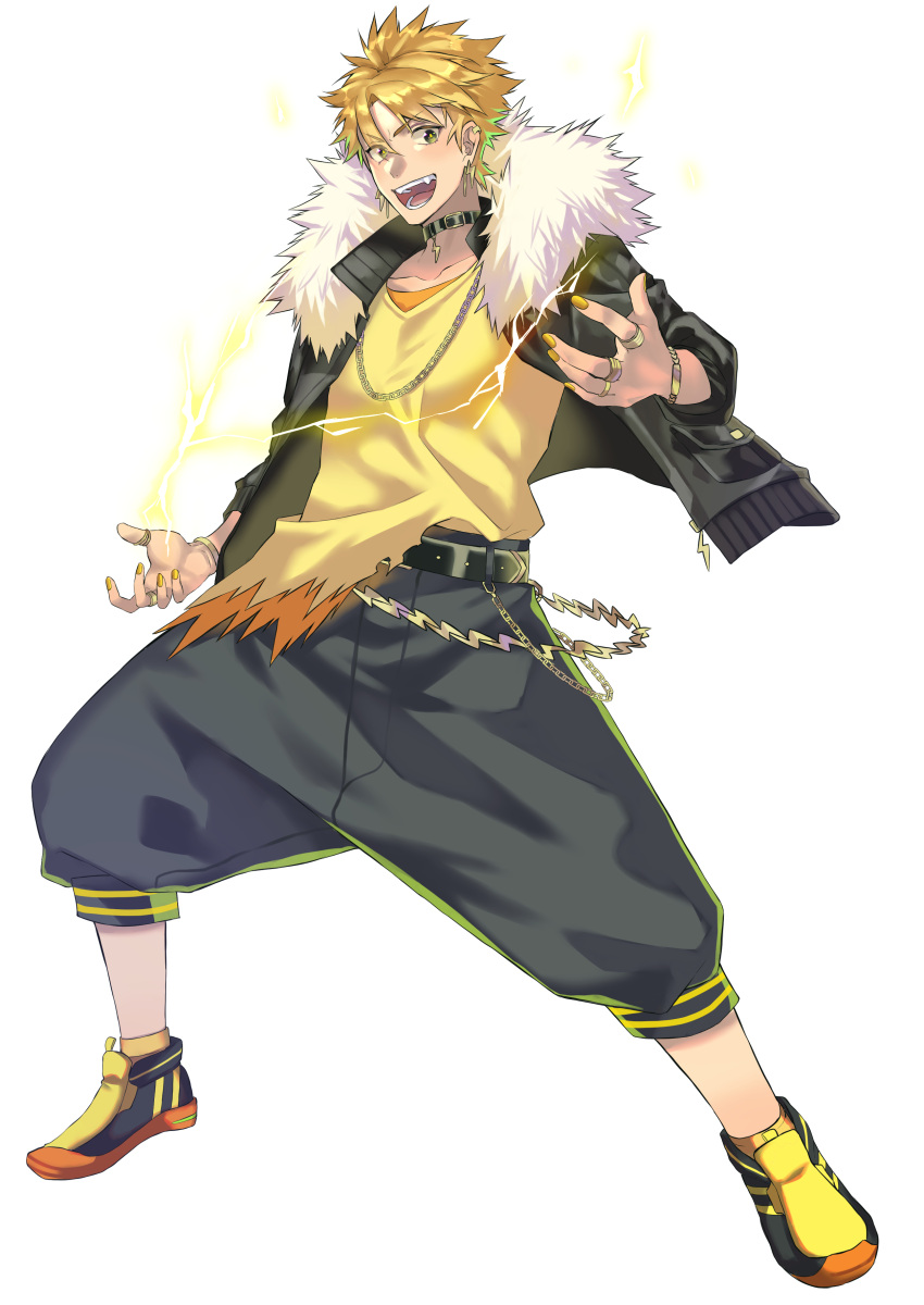 1boy absurdres belt black_choker black_jacket black_shorts blonde_hair bolt choker ebippoid full_body fur-trimmed_jacket fur_trim highres jacket jolteon looking_at_viewer open_clothes open_jacket personification pokemon shirt shoes short_hair shorts simple_background sneakers solo standing teeth white_background yellow_eyes yellow_footwear yellow_shirt