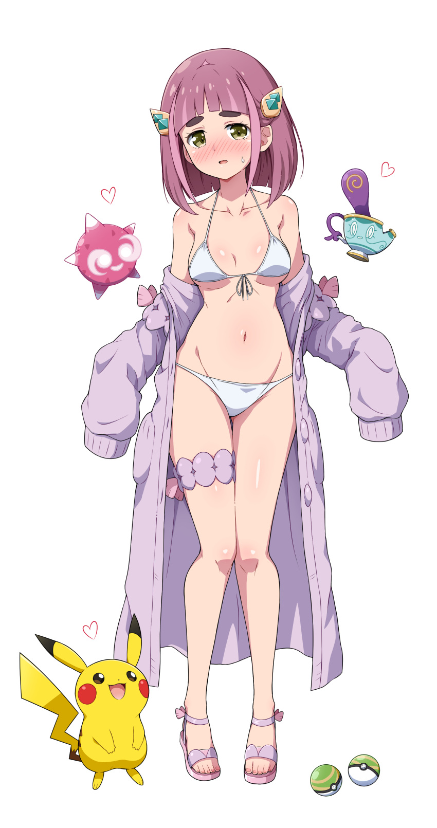 1girl absurdres arched_bangs bikini blush collarbone colored_skin commentary_request eggman_(pixiv28975023) embarrassed eyelashes floating full_body hair_ornament hairclip heart highres jacket lacey_(pokemon) medium_hair minior minior_(core) minior_(red_core) navel nose_blush open_clothes open_jacket open_mouth pikachu poke_ball pokemon pokemon_(creature) pokemon_sv purple_hair sandals simple_background sinistea sleeves_past_fingers sleeves_past_wrists smile standing swimsuit tail thick_eyebrows thigh_strap toes white_background white_bikini yellow_eyes yellow_skin