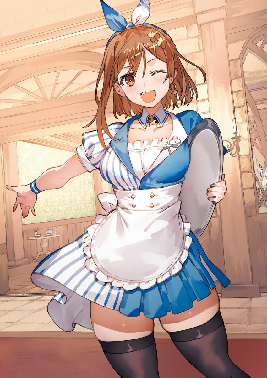 1girl atelier_(series) atelier_ryza atelier_ryza_3 blush breasts brown_eyes brown_hair collarbone dress earrings frills hair_ornament hairband hairclip highres holding jewelry looking_at_viewer medium_breasts medium_hair official_art one_eye_closed open_mouth puffy_short_sleeves puffy_sleeves reisalin_stout shiny_skin short_dress short_sleeves skirt solo striped teeth thighhighs thighs toridamono tray upper_teeth_only waitress wristband x_hair_ornament zettai_ryouiki