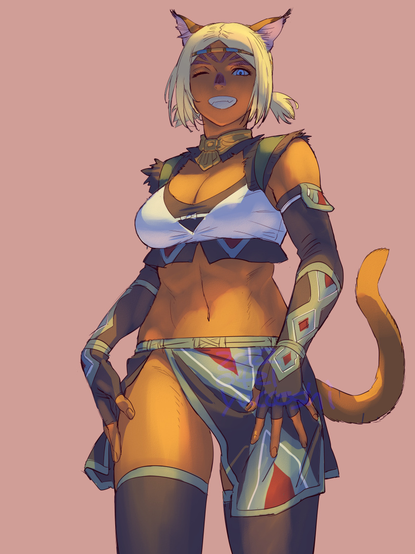 1girl absurdres adventurer_(ff11) animal_ears black_gloves blonde_hair blue_eyes breasts cat_ears cat_girl cat_tail circlet cleavage cowboy_shot dark-skinned_female dark_skin elbow_gloves fangs final_fantasy final_fantasy_xi fingerless_gloves fingernails gloves grin hands_on_own_thighs highres legs_apart loincloth medium_breasts mithra_(ff11) navel no_eyebrows one_eye_closed parted_bangs pink_background short_twintails simple_background smile solo standing tail tail_raised teeth twintails yuccoshi