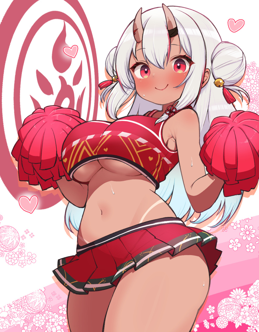 1girl alternate_breast_size bell blush breasts cheerleader commentary_request cowboy_shot double_bun grey_hair hair_bell hair_bun hair_ornament heart highres hololive horns kani_bonara large_breasts long_hair looking_at_viewer microskirt multicolored_hair nakiri_ayame navel oni_horns pleated_skirt pom_pom_(cheerleading) red_eyes red_hair red_skirt skin-covered_horns skirt smile solo stomach streaked_hair tan tanlines underboob virtual_youtuber white_background