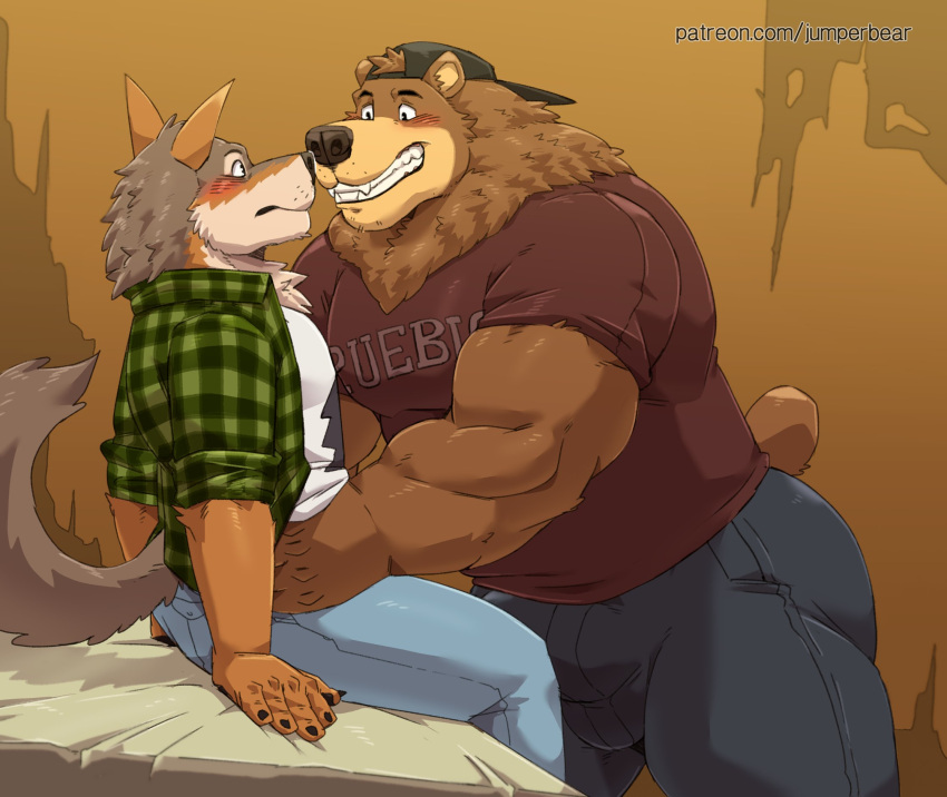 anthro arches_(game) backwards_baseball_cap backwards_hat baseball_cap bear bed big_bulge big_muscles blush bottomwear bulge butt cameron_wilson canid canine canis canon_couple clothed clothing coyote devon_ortega duo echo_(series) echo_project eye_contact fully_clothed furniture hat headgear headwear hi_res holding_partner jumperbear looking_at_another male male/male mammal muscular muscular_anthro muscular_male nose_to_nose on_bed romantic romantic_couple shirt sitting sitting_on_bed smile tail topwear visual_novel waist_grab