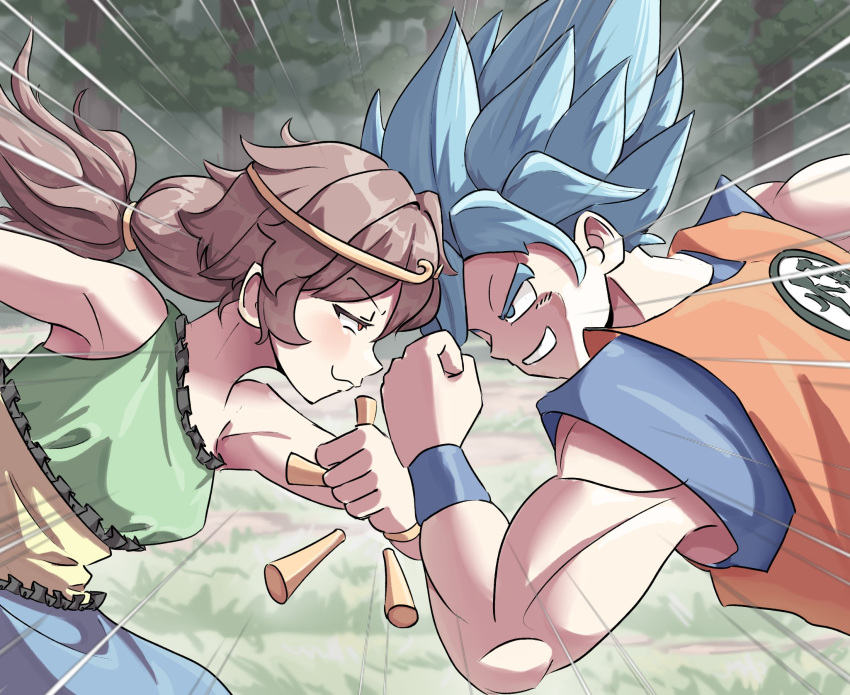 1boy 1girl blue_eyes blue_hair brown_hair crossover dragon_ball dragon_ball_super highres ponytail praeto red_eyes smile son_biten son_goku super_saiyan super_saiyan_blue touhou