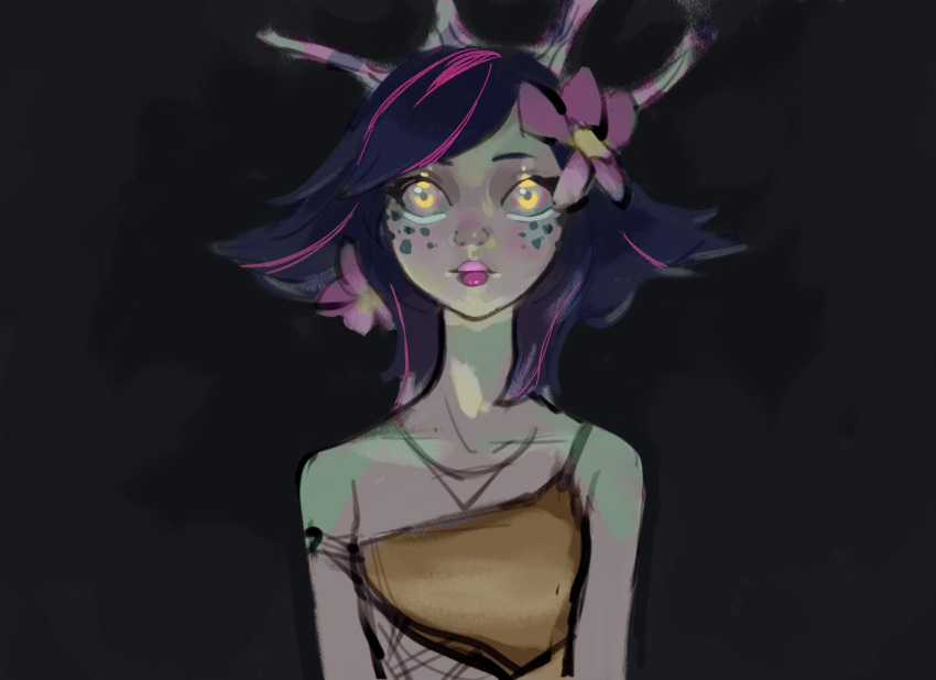 1girl bare_shoulders black_background black_hair brown_shirt carb_zzz closed_mouth collarbone flower freckles hair_flower hair_ornament highres league_of_legends medium_hair neeko_(league_of_legends) pink_flower pink_hair pink_lips shirt solo upper_body yellow_eyes