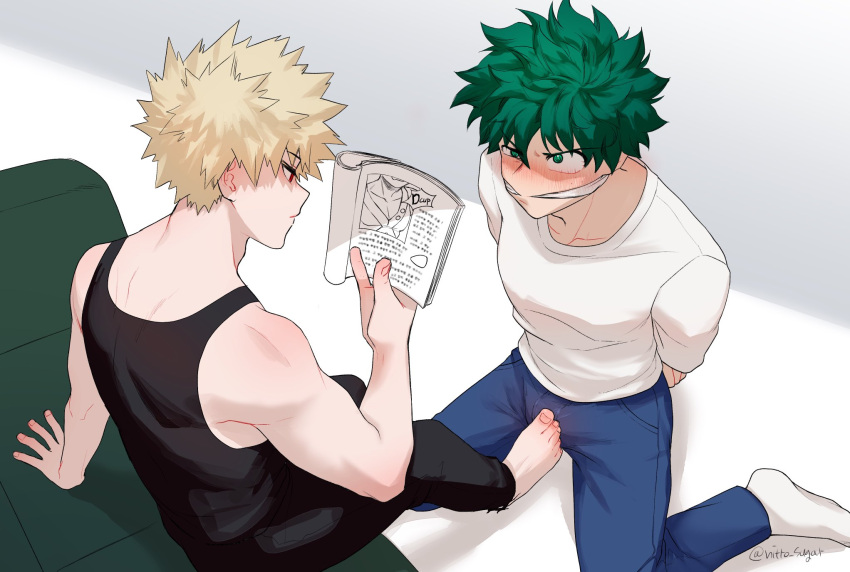 2boys arms_behind_back bakugou_katsuki barefoot bdsm black_pants black_tank_top blonde_hair blue_pants boku_no_hero_academia bondage book bound bulge couch feet footjob_over_clothes green_eyes green_hair highres holding holding_book midoriya_izuku multiple_boys pants reading red_eyes seoltang_(nitro_sugar) shirt short_hair socks spiked_hair tank_top white_shirt white_socks yaoi