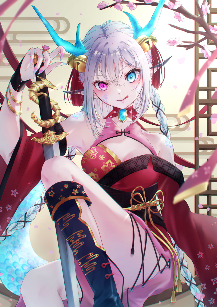 1girl bare_shoulders bell blue_eyes boots bracelet braid breasts crystal_horns dragon_girl dragon_ornament dragon_tail dress floral_print gold_bracelet hair_between_eyes heterochromia highres holding horns japanese_clothes jewelry katana kimono kuonnekosuki long_bangs long_hair long_sleeves looking_at_viewer medium_breasts nail_polish nengajou new_year original petals pink_skirt pointy_ears purple_eyes red_tassel sash scales sidelocks skirt smirk solo strapless strapless_dress sword tail thighs translation_request twin_braids weapon