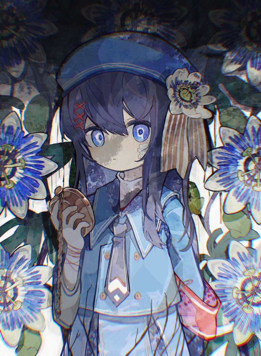 1girl arm_at_side armband beret black_necktie blue_eyes blue_flower blue_hair blue_headwear blue_jacket blue_sailor_collar blue_skirt buttons chromatic_aberration closed_mouth commentary cowboy_shot double-breasted english_commentary flower gauze gauze_on_cheek hair_ornament hand_up hat hat_flower highres holding holding_pocket_watch jacket long_hair long_sleeves necktie original passion_flower pocket_watch red_armband safety_pin sailor_collar skirt skirt_set solo soresaki surrounded_by_flowers watch white_flower x_hair_ornament