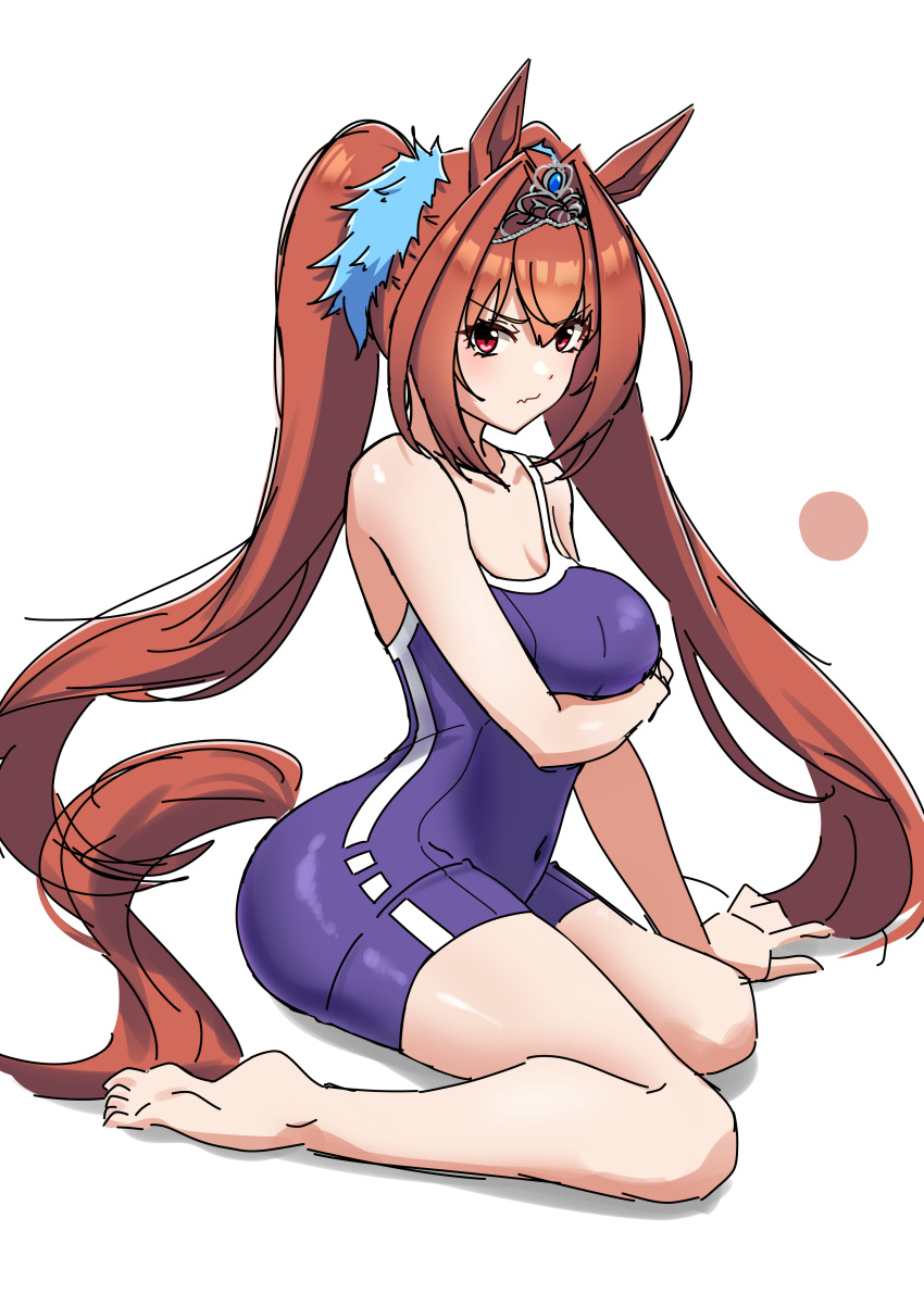 1girl absurdres animal_ears arm_up bare_shoulders barefoot blue_one-piece_swimsuit breasts brown_hair cleavage commentary_request competition_school_swimsuit daiwa_scarlet_(umamusume) fang feet hair_between_eyes hair_intakes highres horse_ears horse_girl large_breasts long_hair looking_at_viewer on_ground one-piece_swimsuit red_eyes school_swimsuit senchan_7 simple_background single_vertical_stripe solo swimsuit tail tail_through_clothes thighs tiara tracen_swimsuit twintails umamusume very_long_hair white_background