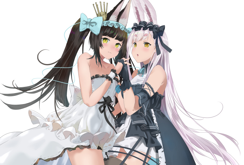 2girls absurdres animal_ear_fluff animal_ears azur_lane bare_shoulders black_gloves black_hair black_thighhighs blue_bow bow cowboy_shot crown dress flat_chest fox_girl frilled_dress frilled_gloves frilled_hairband frills gloves hair_bow hairband highres holding_hands interlocked_fingers long_hair looking_at_viewer mini_crown multiple_girls nagato_(azur_lane) nagato_(guardian_fox's_procession)_(azur_lane) official_alternate_costume purple_hair rabbit_ears shimakaze_(azur_lane) shimakaze_(the_white_rabbit_of_wonderland)_(azur_lane) simple_background sleeveless sleeveless_dress thighhighs very_long_hair white_background white_dress yellow_eyes yuzu_minari