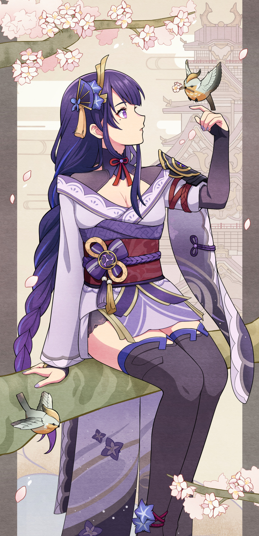 1girl absurdres armor bird black_thighhighs braid breasts cleavage commentary_request feet_out_of_frame genshin_impact hair_ornament highres itsumiruka japanese_clothes kimono long_braid long_hair obi off_shoulder purple_eyes purple_hair purple_kimono raiden_shogun red_sash sash shoulder_armor sitting solo thighhighs very_long_hair