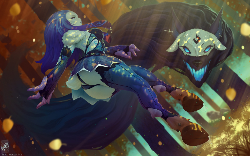 1girl alternate_costume animal_ears artist_name ass black_dress black_gloves black_panties blue_eyes blue_hair blue_thighhighs body_fur dated dress dutch_angle fingerless_gloves from_below gloves glowing glowing_eyes grey_fur highres hooves kindred_(league_of_legends) lamb_(league_of_legends) league_of_legends long_hair no_mask open_mouth outdoors panties revision sheep_ears sheep_tail tail themaestronoob thighhighs underwear wolf_(league_of_legends)