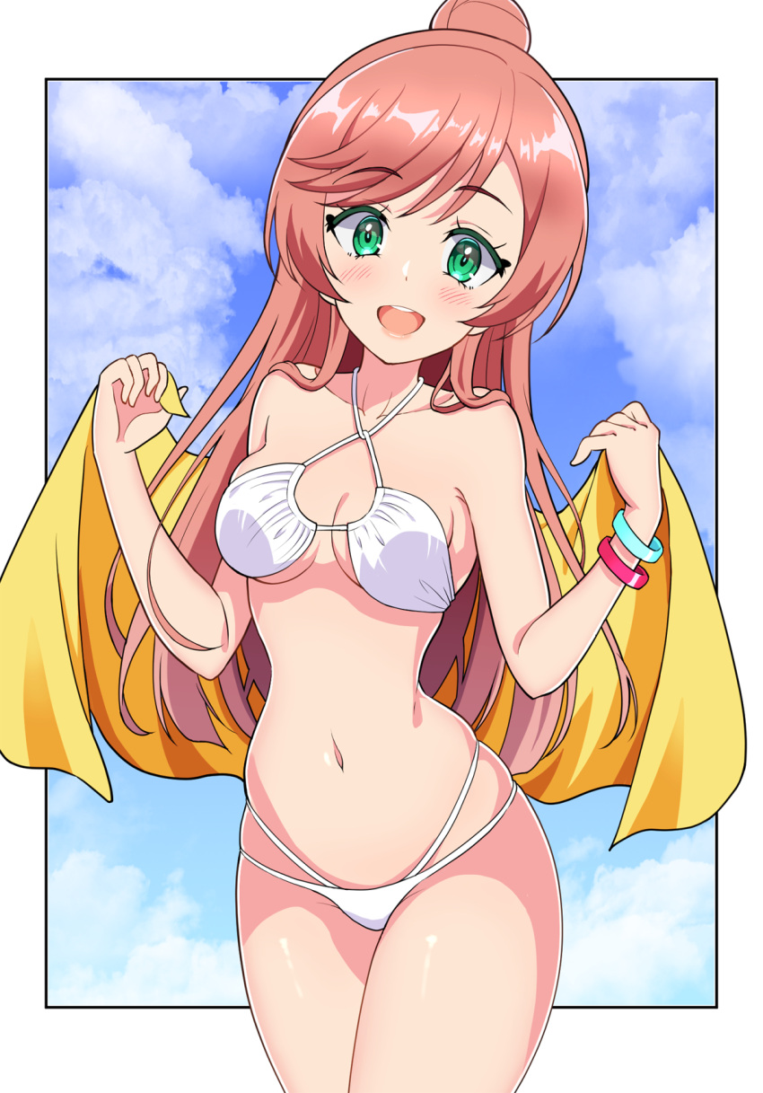 1girl bikini black_border blue_sky border bracelet breasts cloud cloudy_sky commentary cowboy_shot criss-cross_halter green_eyes hair_bun halterneck highres hirogaru_sky!_precure holding holding_towel jewelry kaatsu_katsurou long_hair looking_at_viewer multi-strapped_bikini_bottom navel nijigaoka_mashiro open_mouth pink_hair precure single_hair_bun sky small_breasts smile solo standing swimsuit towel white_bikini