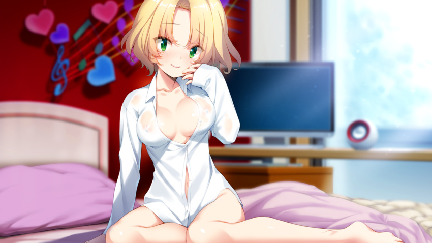 1girl barefoot bed_sheet bedroom blonde_hair blurry blurry_background breasts butterfly_seeker cleavage closed_mouth collarbone collared_shirt covered_nipples eyebrows_visible_through_hair game_cg green_eyes hair_between_eyes hair_intakes hatori_piyoko long_sleeves medium_breasts medium_hair naked_shirt on_bed partially_unbuttoned pillow saotome_haya shirt sleeves_past_wrists slit_pupils smile solo white_shirt wing_collar