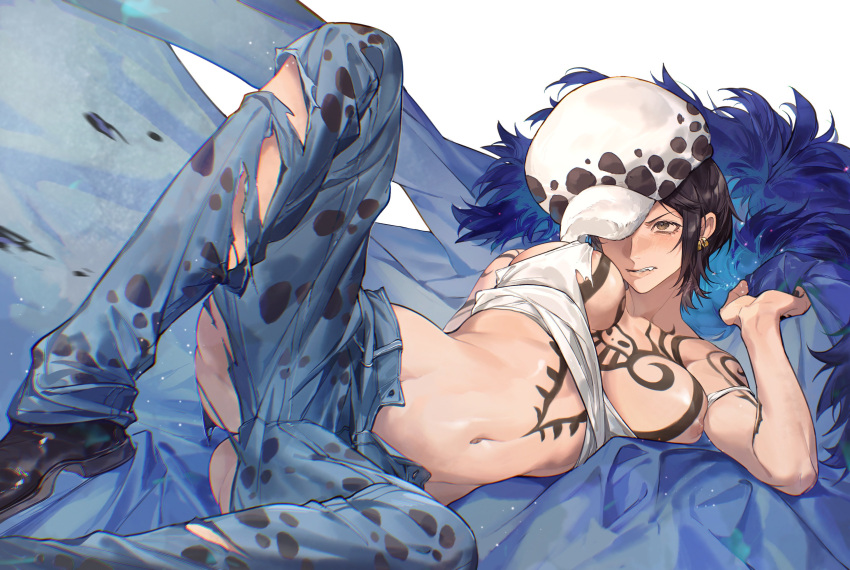 1girl absurdres black_hair breasts chest_tattoo earrings facial_hair genderswap genderswap_(mtf) hat highres jewelry jyukawa large_breasts lying navel nipples one_piece pants shirt shoes short_hair solo spread_legs stomach sword tattoo torn_clothes torn_pants trafalgar_law weapon yellow_eyes