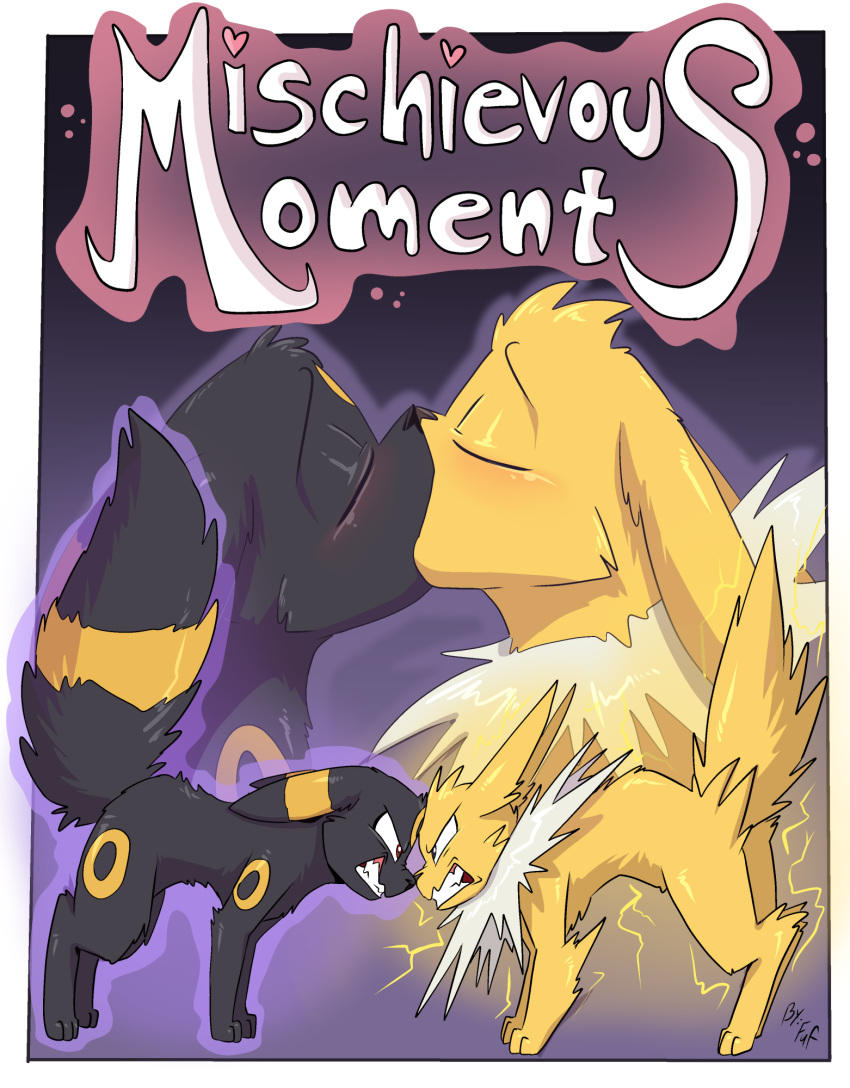 angry black_body black_fur blush eeveelution english_text eye_contact eyes_closed feral feral_on_feral fuf fur generation_1_pokemon generation_2_pokemon hi_res jolteon kissing looking_at_another nintendo pokemon pokemon_(species) pupils quadruped teeth text umbreon yellow_body yellow_fur