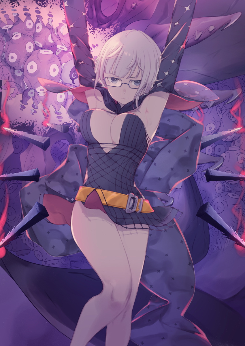 1girl absurdres armpits arms_up belt black_dress black_jacket blue_eyes breasts cleavage cropped_jacket daisi_gi dress fate/grand_order fate_(series) glasses grey_hair highres hood hooded_jacket jacket jacques_de_molay_(foreigner)_(fate) jacques_de_molay_(foreigner)_(second_ascension)_(fate) large_breasts long_sleeves looking_at_viewer open_clothes open_jacket short_dress short_hair solo stake tentacles thighs