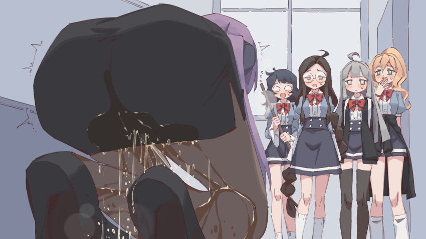5girls ahoge arm_behind_back arms_at_sides arms_behind_back ass ass_focus backpack bag bathroom bent_over black_footwear black_hair black_pantyhose black_skirt black_thighhighs blank_eyes blonde_hair blue_shirt blue_skirt blunt_bangs blush bow bowtie breasts breath brown_eyes brown_hair buttons center_frills closed_mouth collared_shirt collibe_(rune_(dualhart)) commentary_request dianthe_(rune_(dualhart)) embarrassed english_commentary facing_away flat_chest flying_sweatdrops frills from_behind glasses green_eyes grey_eyes grey_hair half-closed_eyes hand_to_own_mouth hand_up hands_up high-waist_skirt highres hime_cut holding holding_mop indoors juliet_sleeves kneehighs kneeling leaning_forward legs long_hair long_sleeves looking_at_another loose_socks low-tied_long_hair messy_hair miniskirt mixed-language_commentary mop multi-tied_hair multiple_girls o_o open_mouth original panties pantyhose partial_commentary pee peeing peeing_self pencil_skirt ponytail puffy_short_sleeves puffy_sleeves purple_hair raised_eyebrows red_bow red_bowtie round_eyewear rune_(dualhart) shirt shirt_tucked_in shoes short_sleeves side_slit sidelocks skirt small_breasts socks solo_focus standing steam surprised sweat teacher thighhighs thighs trembling underwear very_long_hair victoria_(rune_(dualhart)) wavy_mouth wet wet_clothes wet_panties wet_skirt white_eyes white_socks wide_sleeves window yurina_(rune_(dualhart)) zettai_ryouiki zofia_(rune_(dualhart))