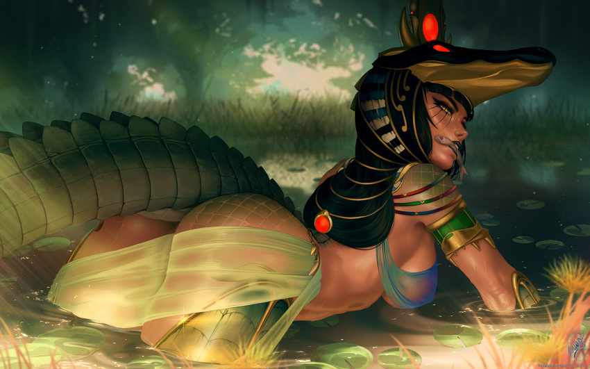 1girl ass bikini black_hair blue_bikini breasts fish_in_mouth from_side grass hair_ornament highres large_breasts lizard_tail long_hair looking_at_viewer looking_back nude original outdoors reptile_girl see-through shiny_skin signature slit_pupils sobek_(mythology) swimsuit tail themaestronoob water