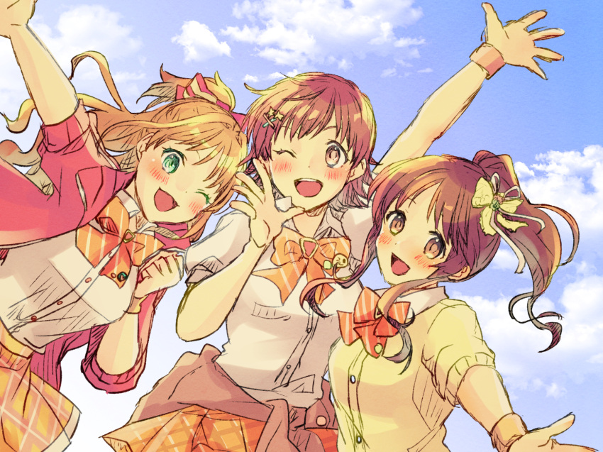 3girls :d ;d blue_sky blush bow bowtie breasts brown_hair cardigan cardigan_around_waist clothes_around_waist cloud diagonal-striped_bow diagonal-striped_bowtie diagonal-striped_clothes highres hino_akane_(idolmaster) honda_mio idolmaster idolmaster_cinderella_girls looking_at_viewer medium_breasts multiple_girls nishimura_(nianiamu) one_eye_closed open_mouth orange_bow orange_bowtie orange_hair orange_skirt outstretched_arm positive_passion_(idolmaster) school_uniform shirt skirt sky smile striped_clothes takamori_aiko teeth upper_teeth_only white_shirt yellow_cardigan