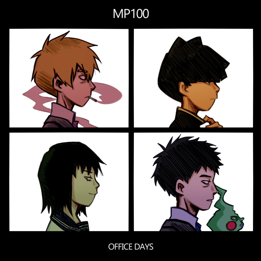 1girl 3boys adjusting_clothes black_hair bowl_cut cigarette city_bun closed_mouth commentary copyright_name ekubo_(mob_psycho_100) frown gakuran gorillaz hand_up highres kageyama_shigeo kurata_tome looking_ahead looking_at_viewer mob_psycho_100 mouth_hold multiple_boys orange_hair parody portrait profile reigen_arataka school_uniform serafuku short_hair sideways_glance simple_background smirk smoke smoking spirit white_background