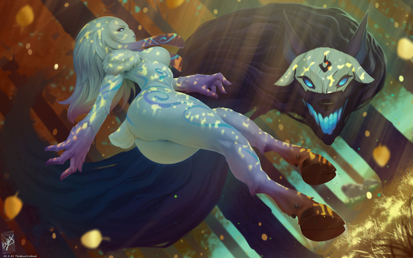 1girl animal_ears artist_name ass blue_eyes body_fur body_markings colored_skin completely_nude dated forest from_behind furry furry_female glowing glowing_eyes grass grey_fur grey_skin highres hooves kindred_(league_of_legends) lamb_(league_of_legends) league_of_legends nature no_mask nude open_mouth outdoors petals sheep_ears sheep_tail signature tail themaestronoob wolf_(league_of_legends)