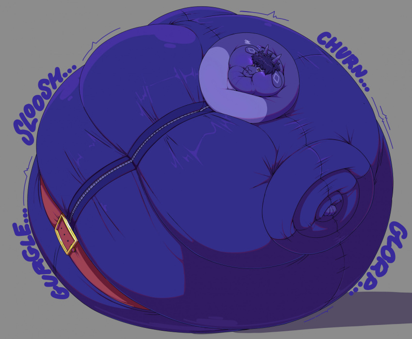 anthro belt blue_body blue_fur blue_hair blueberry_inflation blush body_inflation bovid caprine cheek_bulge chewing churn clothed clothing diamond_(marking) english_text fur goat hair hi_res horn hyper_inflation immobile inflation male mammal markings monare moobs slosh smile solo sound_effects spherical_inflation text