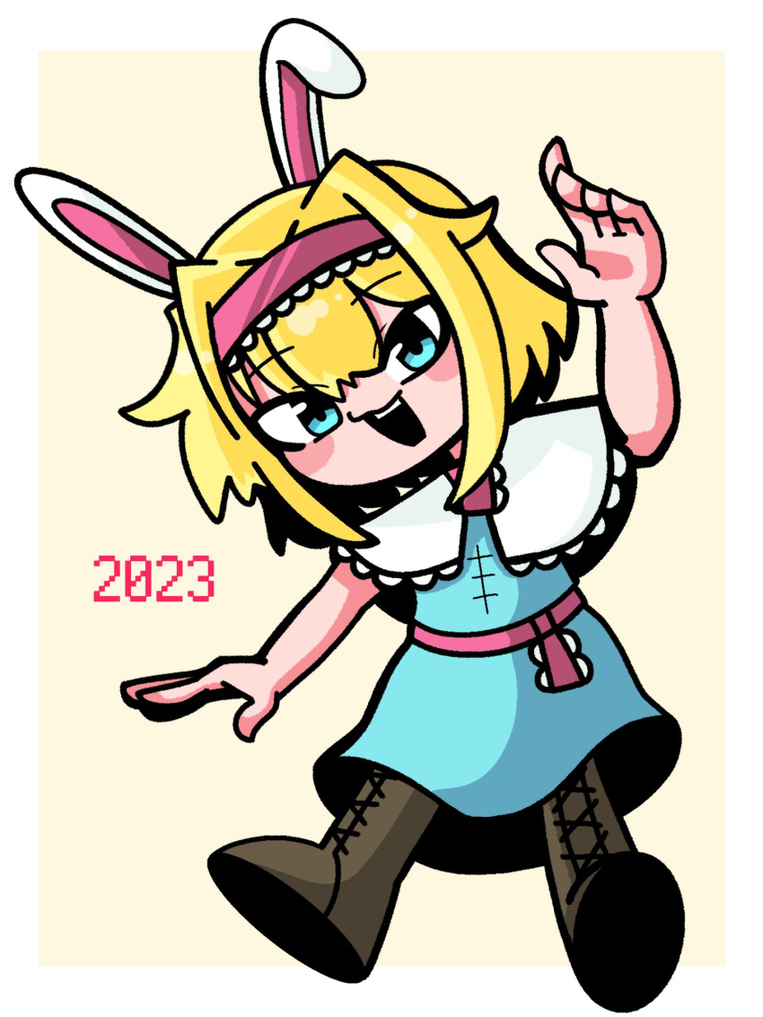 1girl 2023 alice_margatroid animal_ears blonde_hair blue_dress blue_eyes blush boots brown_footwear capelet chinese_zodiac cookie_(touhou) cross-laced_footwear dress frilled_capelet frilled_hairband frills full_body hair_between_eyes hair_intakes hairband highres ichigo_(cookie) looking_at_viewer medium_bangs open_mouth pink_hairband pink_sash rabbit_ears sash short_hair simple_background smile solo sznkrs touhou two-tone_background white_background white_capelet year_of_the_rabbit yellow_background