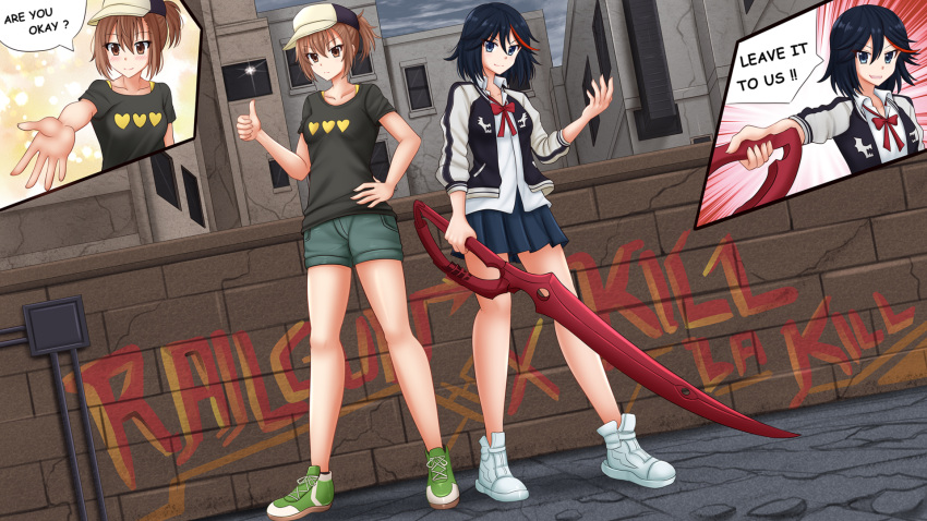 bare_legs black_hair black_shirt blue_eyes blue_hair blue_skirt breasts brown_eyes brown_hair casual coin coin_flip collared_shirt commission copyright_name day english_text full_body hair_between_eyes hand_on_own_hip hand_up highres jacket kazenokaze kill_la_kill matoi_ryuuko medium_hair miniskirt misaka_mikoto multicolored_hair open_clothes open_jacket outdoors pleated_skirt reaching reaching_towards_viewer red_hair scissor_blade_(kill_la_kill) shirt short_hair short_shorts shorts skirt small_breasts streaked_hair toaru_kagaku_no_railgun toaru_majutsu_no_index tomboy two-tone_hair white_shirt