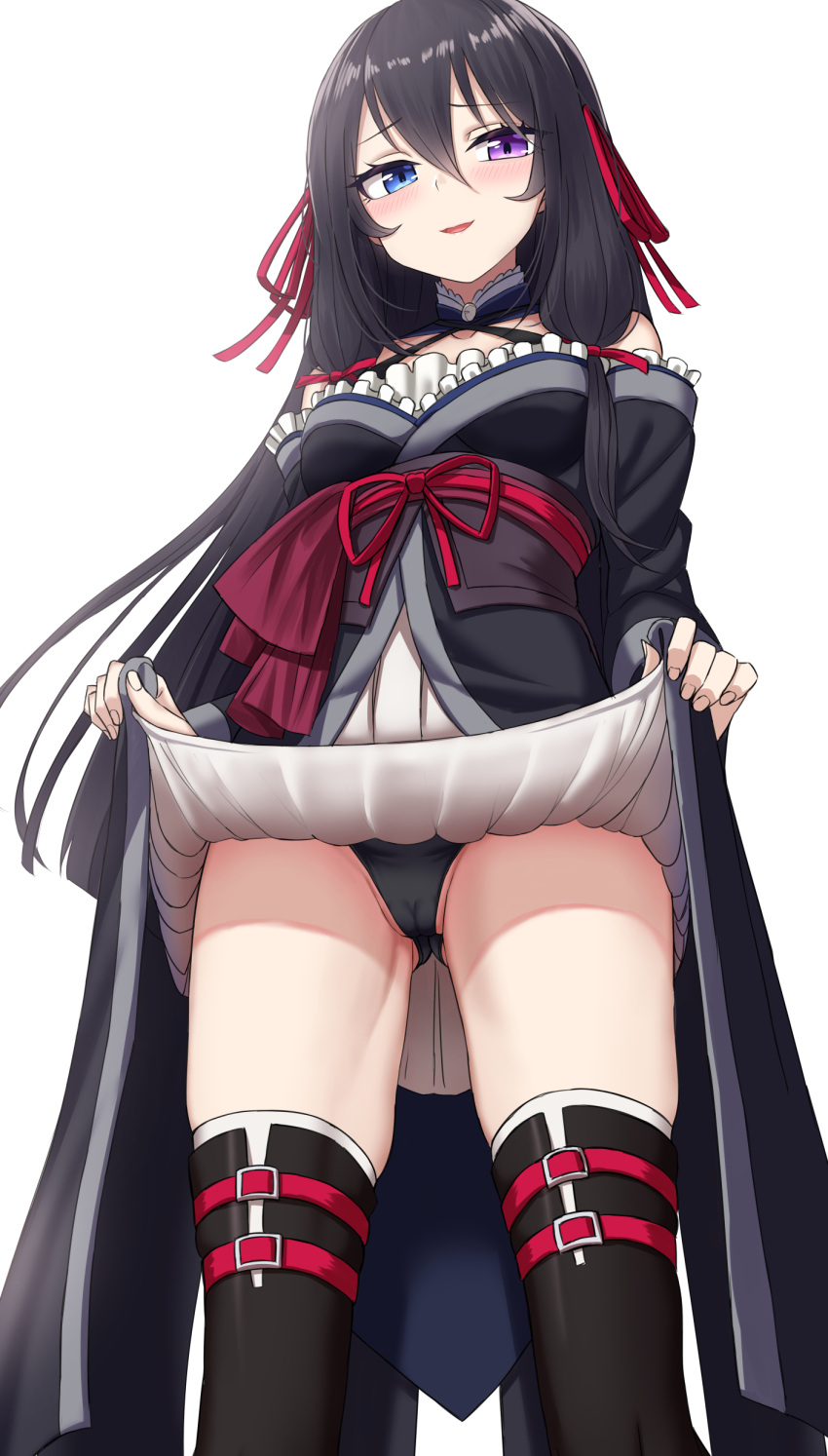 1girl absurdres black_hair black_legwear black_panties blue_eyes blush cameltoe clothes_lift commission dress dress_lift hair_between_eyes hair_ribbon heterochromia highres kirihime_yoruka lifted_by_self long_hair looking_at_viewer obi open_mouth panties purple_eyes red_ribbon ribbon saijaku_muhai_no_bahamut sash simple_background skeb_commission smile solo thighhighs underwear white_background yakob_labo