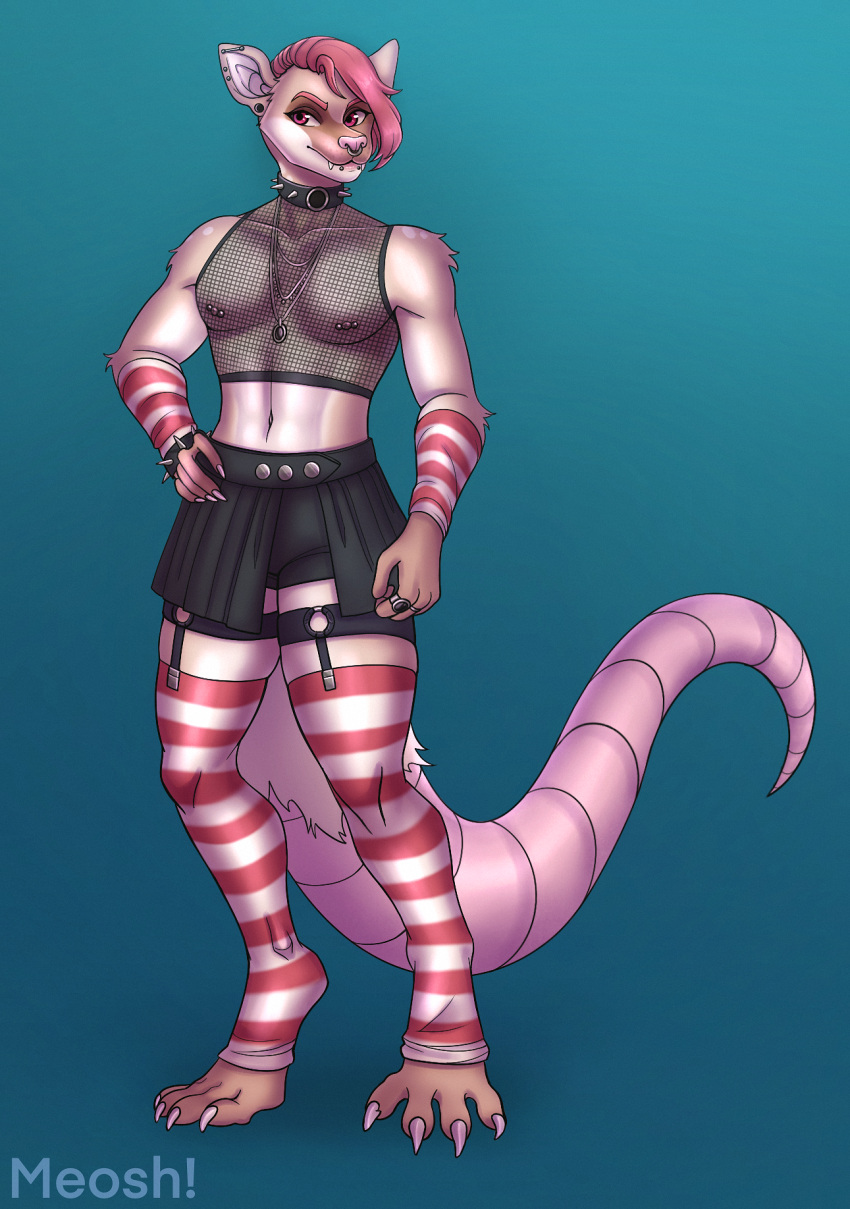 american_opossum anthro bottomwear claws clothed clothing digital_media_(artwork) ear_piercing fangs fur hair hi_res leather legwear male mammal marsupial meosh model_sheet nipple_piercing nipples piercing pink_hair simple_background skirt smile solo stockings tail teeth