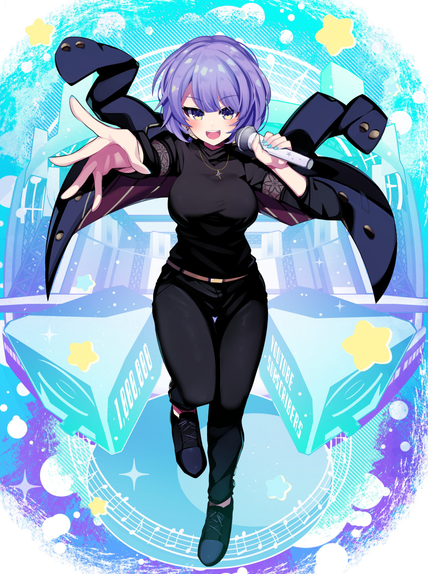 1girl absurdres aho belt black_shirt blue_nails breasts earrings highres hololive hololive_indonesia jacket jacket_on_shoulders jewelry large_breasts microphone milestone_celebration moona_hoshinova pants pendant purple_eyes purple_hair reaching_out shirt short_hair single_earring star_(symbol)