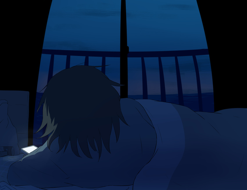 1other absurdres ambiguous_gender arm_support avogado6 back_hair blue_sky cellphone commentary dark facing_away from_behind glass_door highres indoors long_hair lying messy_hair morning on_side original phone railing shirt sky sliding_doors smartphone solo twilight under_covers waking_up