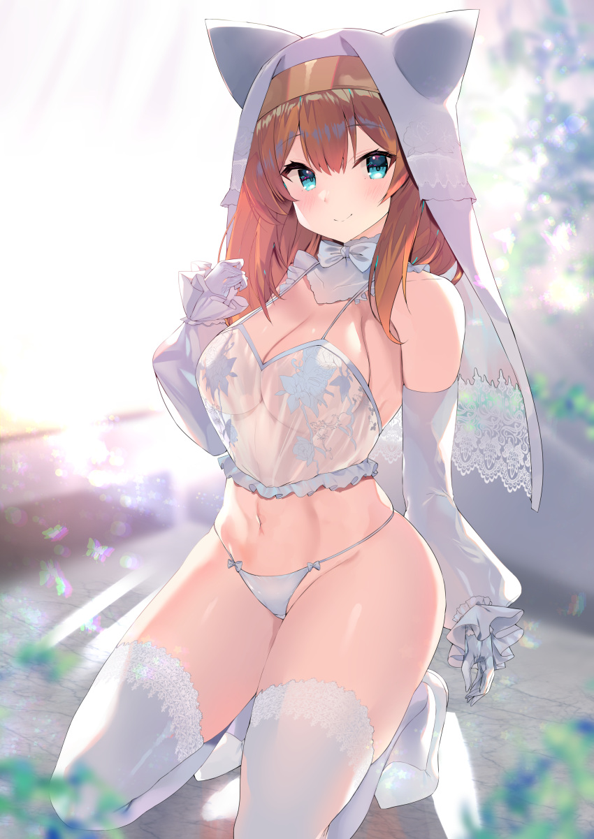 1girl absurdres alternate_costume blue_archive blue_eyes bow bowtie breasts bridal_veil character_name detached_sleeves gloves highres mari_(blue_archive) medium_breasts navel no_halo noto_kurumi orange_hair panties see-through_camisole smile solo squatting stomach thighhighs underwear veil white_gloves white_panties white_thighhighs