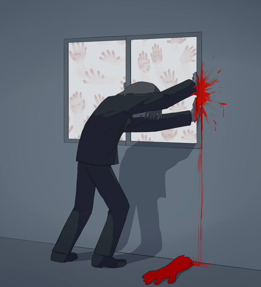 1boy absurdres against_window avogado6 black_footwear black_pants black_shirt blood blood_splatter brown_hair closing colored_skin commentary_request covered_eyes from_side full_body handprint head_down highres indoors male_focus original outstretched_arms pants red_skin severed_arm severed_limb shadow shirt shoes short_hair solo standing window