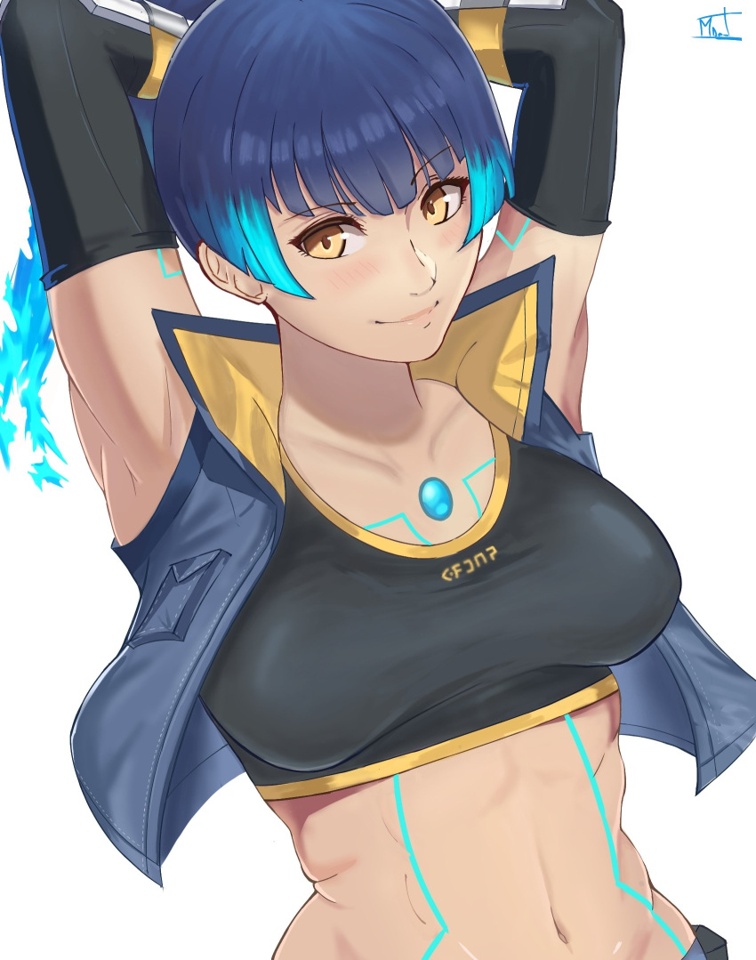 1girl arms_up black_sports_bra blue_hair breasts brown_eyes chest_jewel commentary_request crop_top fiery_hair gloves glowing_lines highres looking_at_viewer magdalenus27 navel sena_(xenoblade) side_ponytail sleeves_past_elbows small_breasts smile solo sports_bra upper_body white_background xenoblade_chronicles_(series) xenoblade_chronicles_3