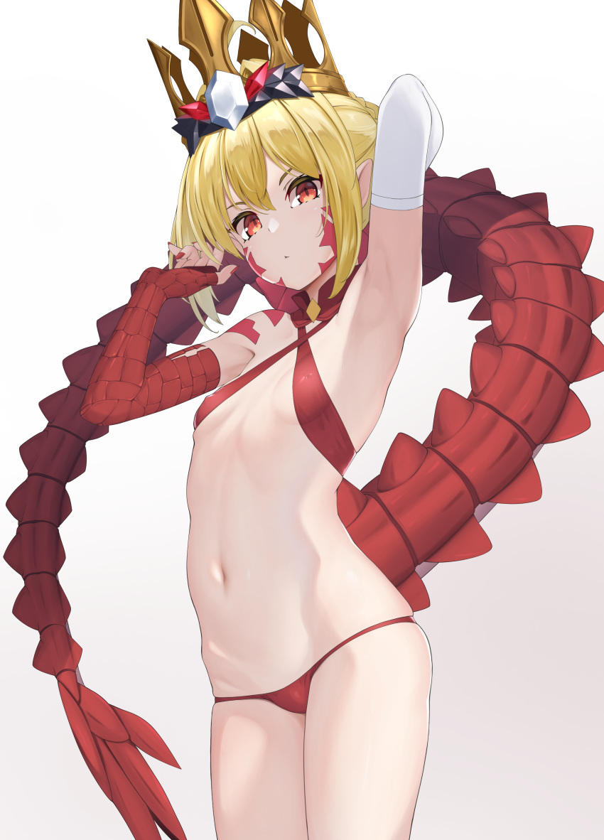 1girl absurdres bikini blonde_hair braid breasts criss-cross_halter crown dragon_tail facial_mark fate/grand_order fate_(series) french_braid hair_intakes halterneck highres looking_at_viewer nero_claudius_(fate) pointy_ears queen_draco_(fate) red_bikini red_eyes scales solo swimsuit tail yamachi_(xadp7533)