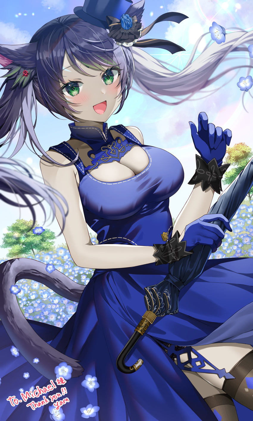 1girl absurdres animal_ears black_hair black_thighhighs blue_dress blue_gloves cat_ears cat_tail cleavage_cutout clothing_cutout commission dress dutch_angle final_fantasy final_fantasy_xiv gloves green_eyes hat highres holding holding_umbrella long_hair mini_hat open_mouth pale_skin skeb_commission solo tail thighhighs twintails umbrella warrior_of_light_(ff14) yam_(yamap_mako)