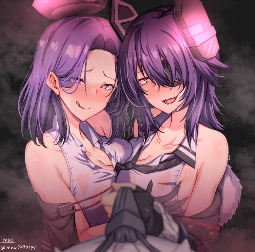 2girls :q artist_name black_background black_jacket blush breasts cleavage collarbone collared_shirt commentary commentary_request eyepatch fur-trimmed_jacket fur_trim furrowed_brow grabbing grabbing_another's_breast grey_necktie hair_between_eyes halo headgear heart heart-shaped_pupils jacket kantai_collection large_breasts looking_at_viewer m.a.o mechanical_halo medium_hair multiple_girls necktie necktie_grab neckwear_grab one_eye_covered open_mouth parted_bangs purple_eyes purple_hair shirt sidelocks sleeveless sleeveless_shirt sweat symbol-shaped_pupils tatsuta_(kancolle) tatsuta_kai_ni_(kancolle) tenryuu_(kancolle) tenryuu_kai_ni_(kancolle) tongue tongue_out twitter_username upper_body white_shirt yellow_eyes