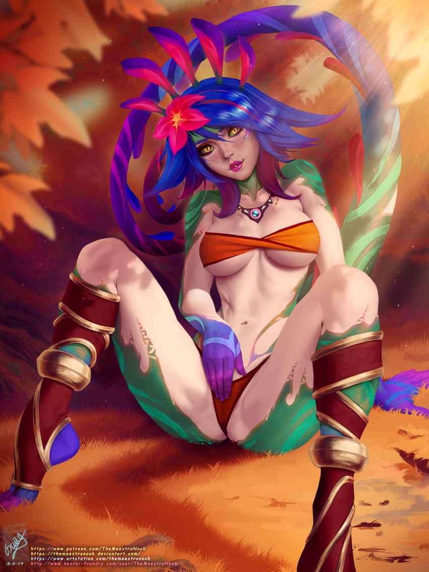 1girl bandeau bare_shoulders between_legs blue_hair breasts brown_sclera collarbone colored_sclera colored_skin female_masturbation flower green_skin hair_flower hair_ornament hand_between_legs highres jewelry knees_up large_breasts league_of_legends legs_apart lizard_tail masturbation medium_hair navel necklace neeko_(league_of_legends) orange_bandeau orange_panties panties pink_flower pink_lips red_hair reptile_girl sitting slit_pupils smile solo stomach tail teeth themaestronoob tree underwear web_address yellow_eyes