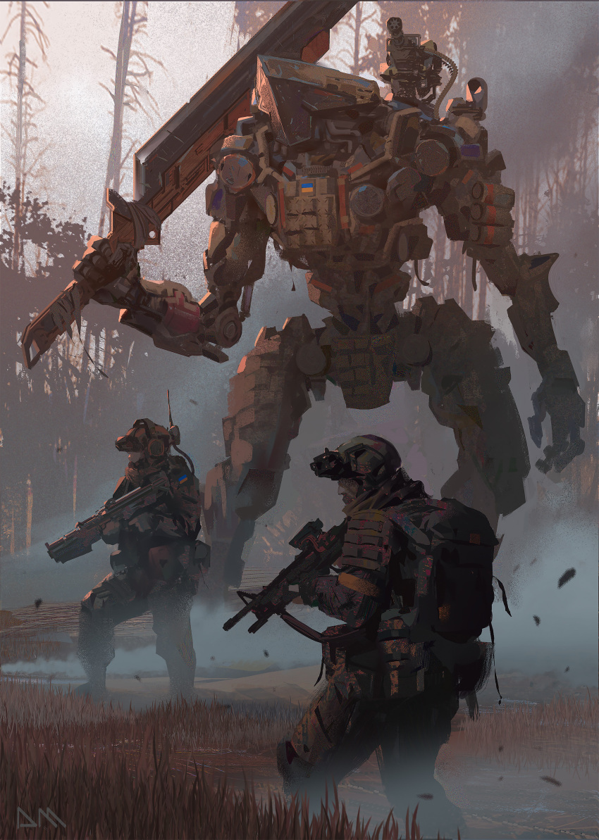 2boys absurdres artist_logo assault_rifle backpack bag bare_tree brown_pants brown_shirt chain_gun combat_helmet commentary daryl_mandryk english_commentary forest grass gun helmet highres holding holding_gun holding_sword holding_weapon load_bearing_equipment looking_afar looking_ahead mecha multiple_boys nature night_vision_device original outdoors pants radio_antenna reactive_armor rifle robot science_fiction scope shirt smoke soldier standing sword tree ukrainian_flag weapon