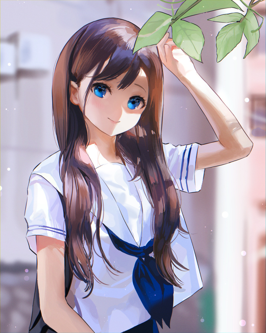 1girl arm_up bangs blue_eyes blue_neckwear blurry blurry_background brown_hair closed_mouth commentary depth_of_field english_commentary highres leaf long_hair looking_at_viewer nami_(nyaa) original sailor_collar school_uniform serafuku shirt short_sleeves smile solo upper_body very_long_hair white_sailor_collar white_shirt