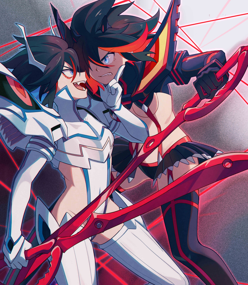 2girls absurdres angry black_gloves black_hair black_thighhighs blue_eyes breasts brick_st dual_persona epaulettes evil_smile fangs glaring gloves hand_on_another's_chin highres holding holding_sword holding_weapon junketsu kill_la_kill looking_at_another matoi_ryuuko medium_breasts microskirt multicolored_hair multiple_girls red_hair revealing_clothes scissor_blade_(kill_la_kill) senketsu short_hair skirt smile streaked_hair suspenders sword thighhighs underboob weapon white_thighhighs